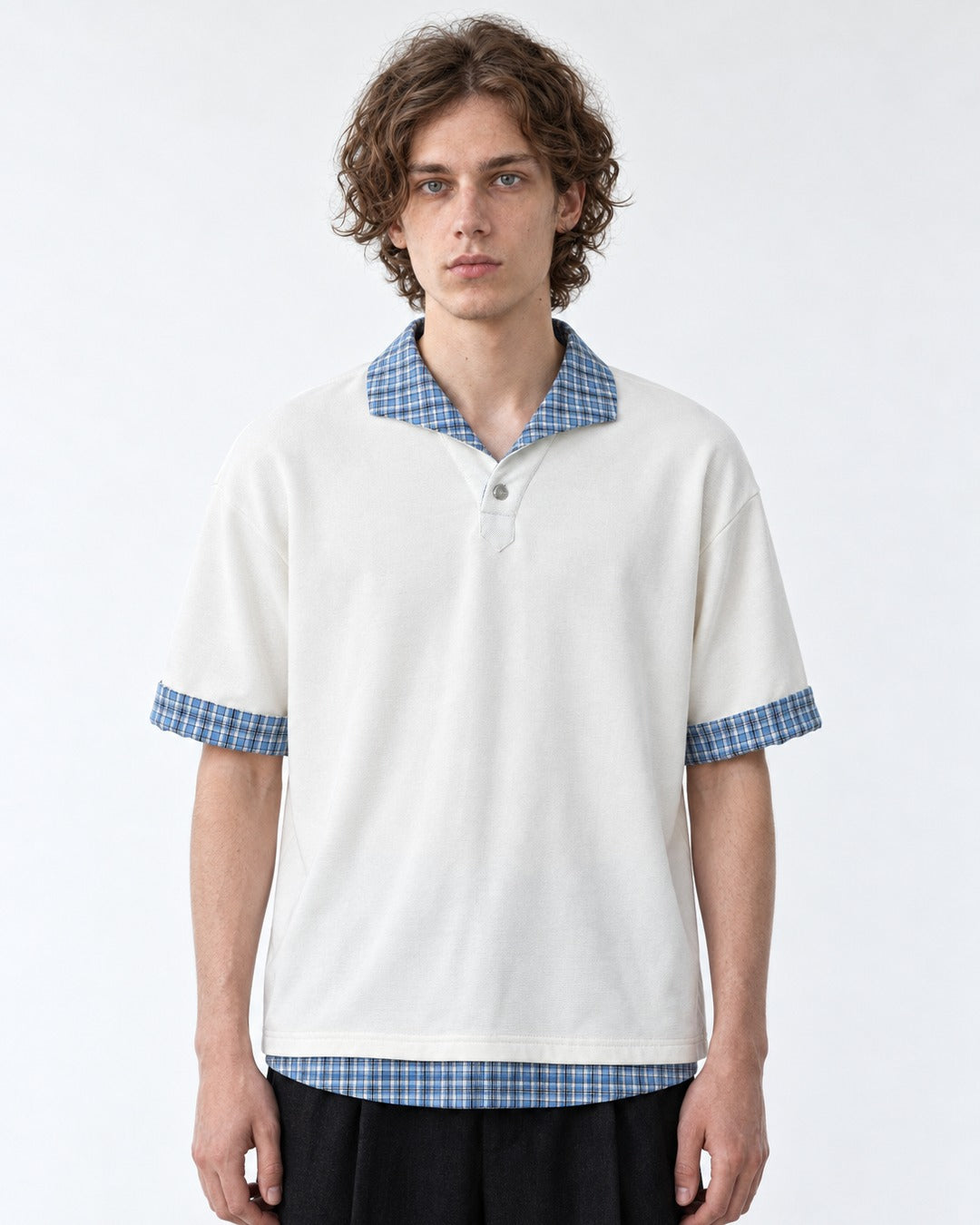Polo with Plaid Contrast Collar and Cuffs