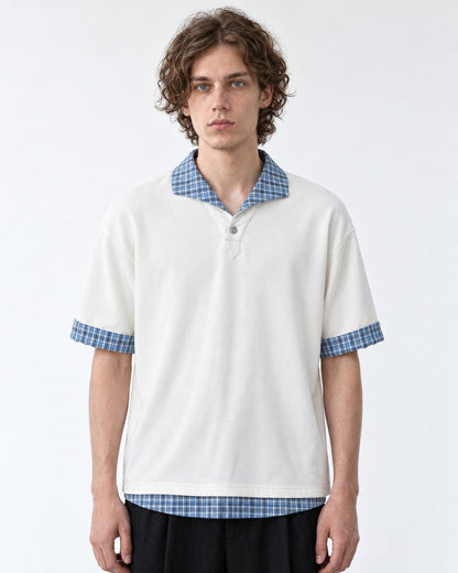 Polo with Plaid Contrast Collar and Cuffs