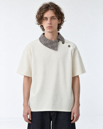 Tee with Fold-Over Plaid Collar Accent