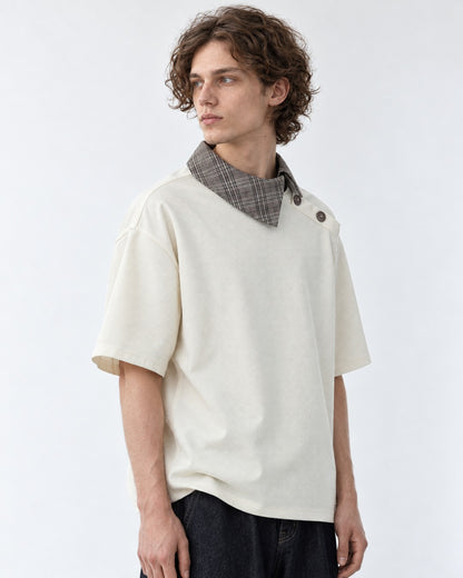 Tee with Fold-Over Plaid Collar Accent
