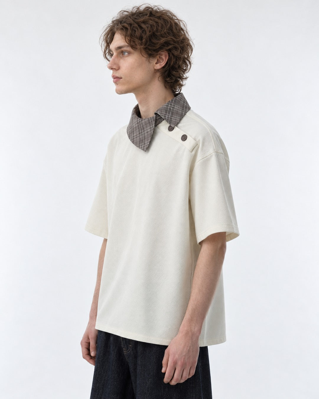 Tee with Fold-Over Plaid Collar Accent