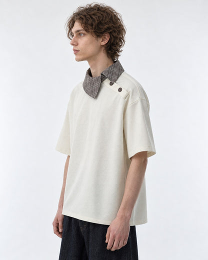 Tee with Fold-Over Plaid Collar Accent