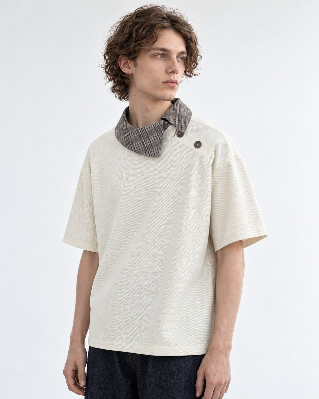 Tee with Fold-Over Plaid Collar Accent