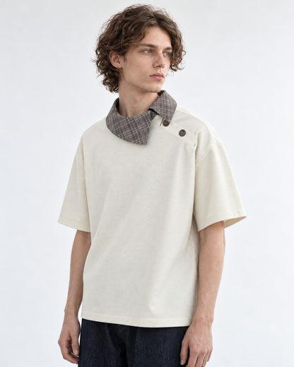 Tee with Fold-Over Plaid Collar Accent
