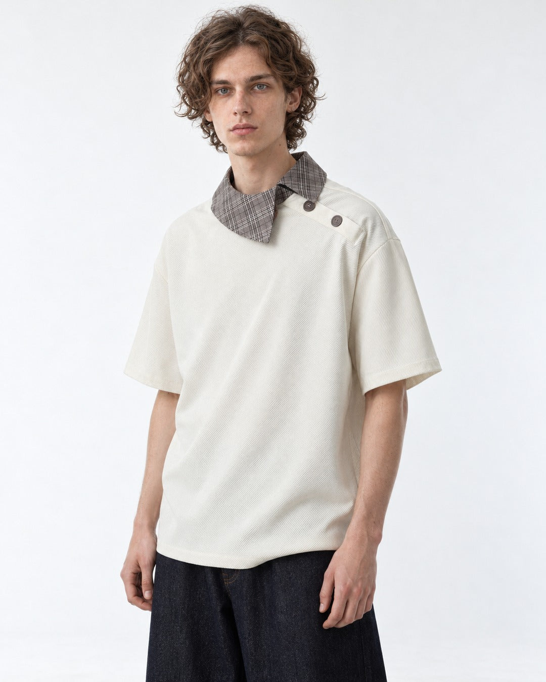 Tee with Fold-Over Plaid Collar Accent