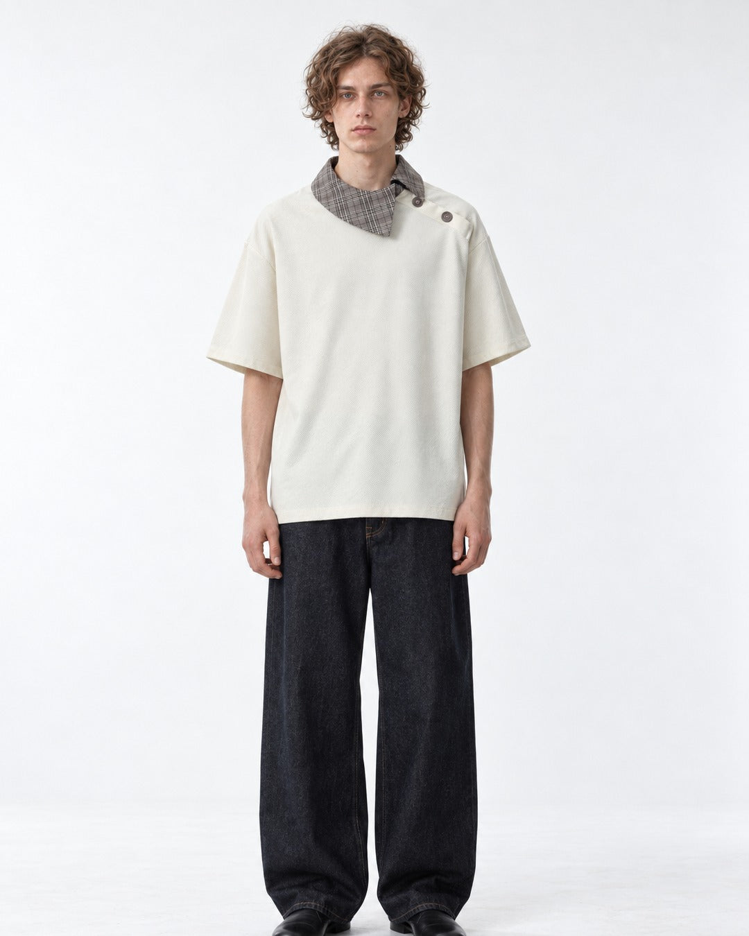 Tee with Fold-Over Plaid Collar Accent