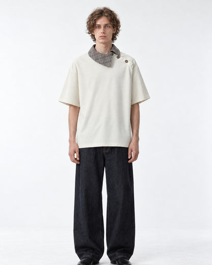 Tee with Fold-Over Plaid Collar Accent