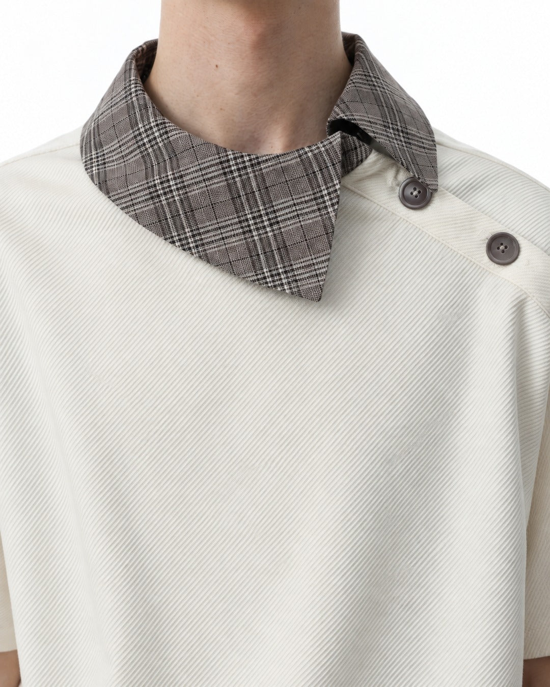 Tee with Fold-Over Plaid Collar Accent