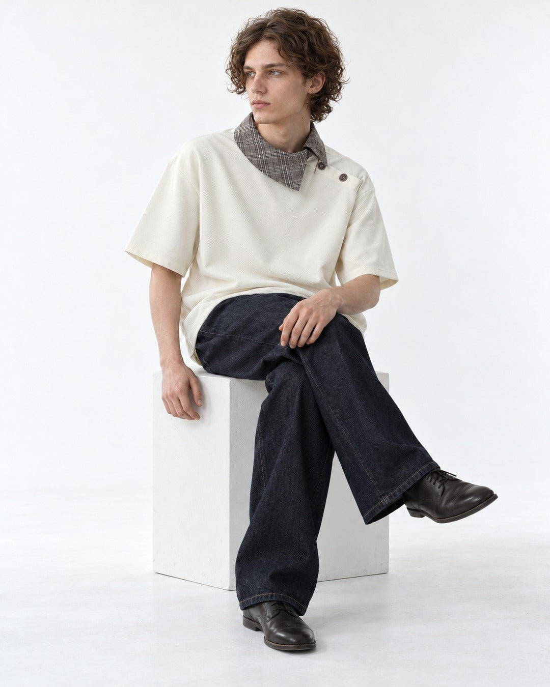 Tee with Fold-Over Plaid Collar Accent