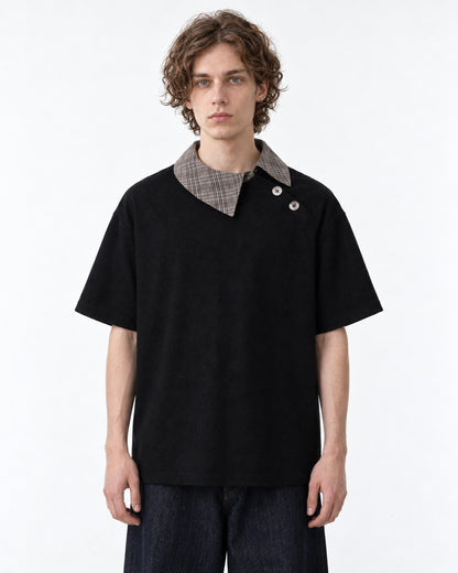 Tee with Fold-Over Plaid Collar Accent