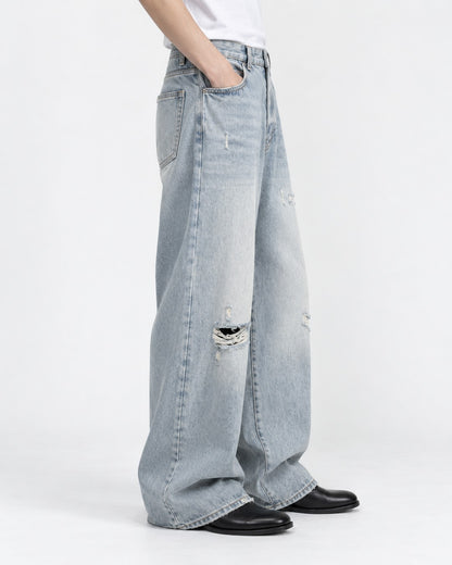 Distressed Wide-Leg Jeans With Raw Hem