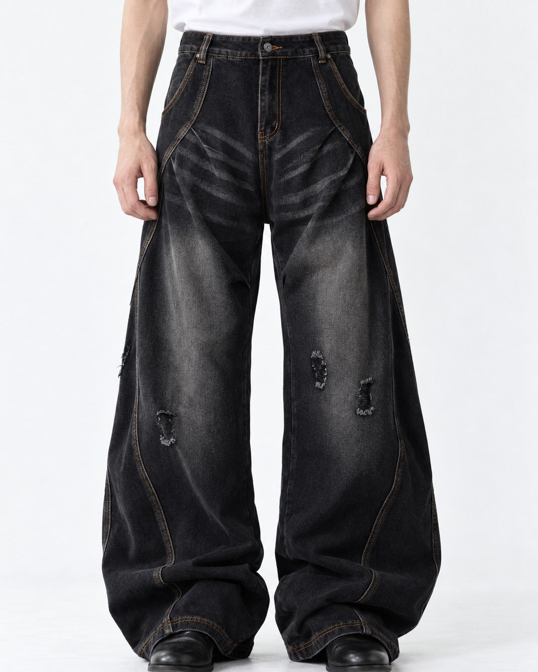 Contrast-Stitch Balloon-Leg Jeans