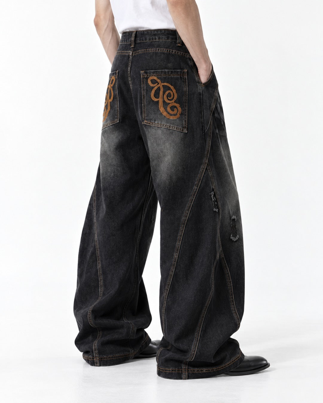 Contrast-Stitch Balloon-Leg Jeans
