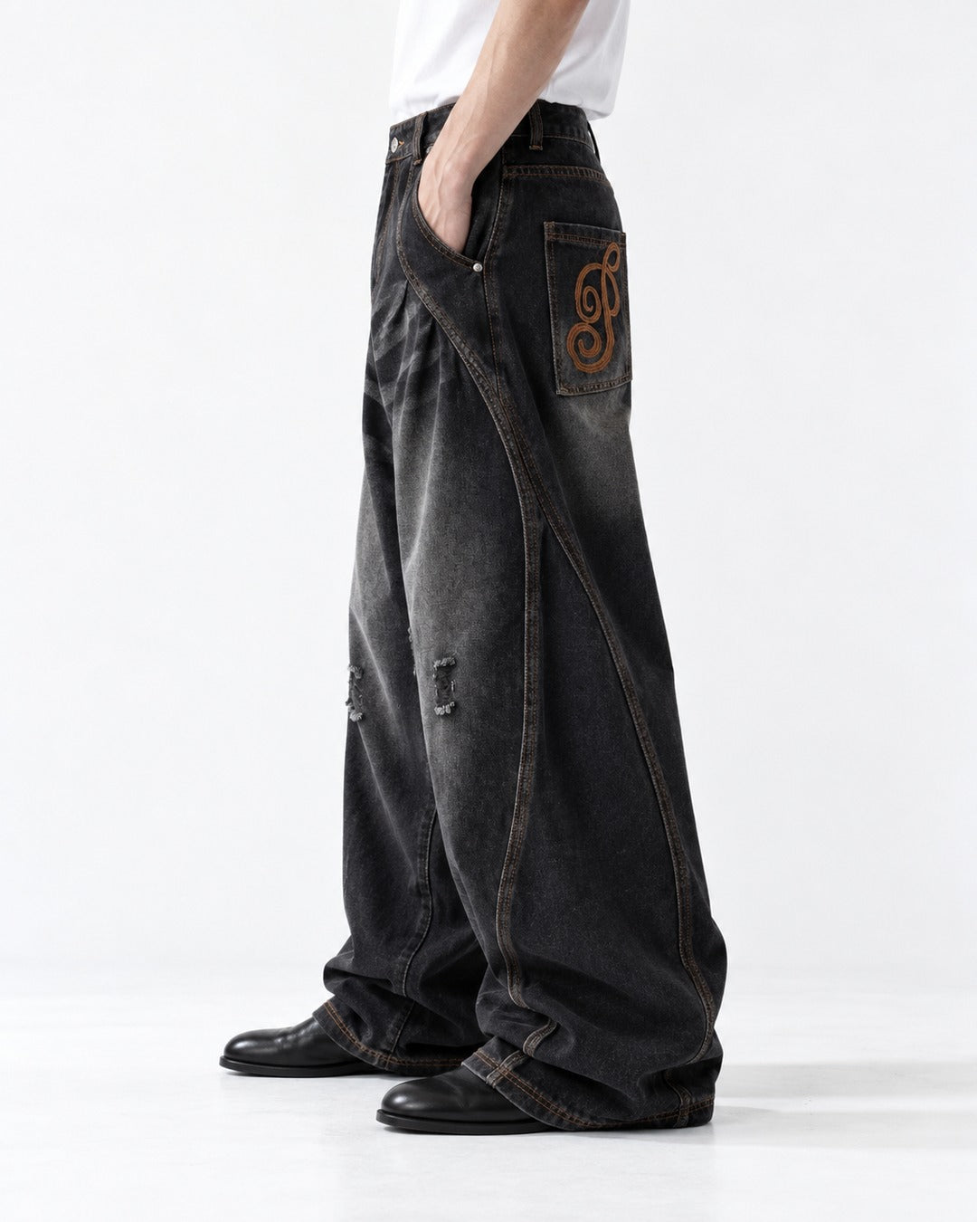 Contrast-Stitch Balloon-Leg Jeans