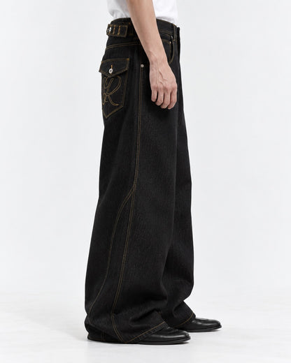 Embroidered Flap Pocket Wide-Leg Jeans