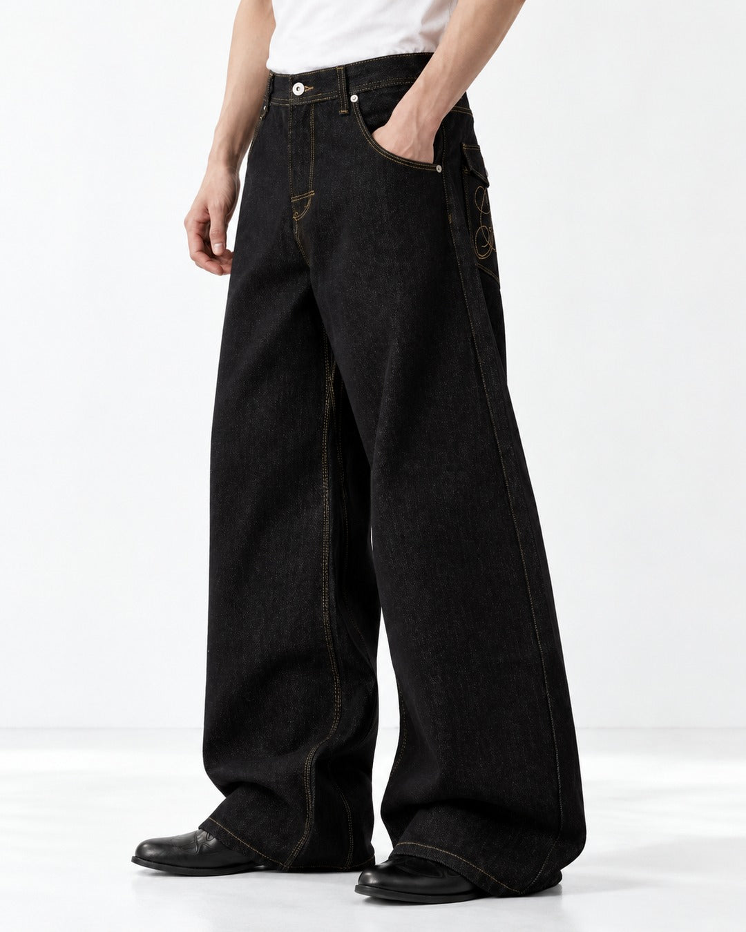 Embroidered Flap Pocket Wide-Leg Jeans