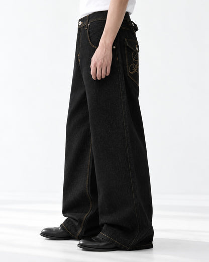 Embroidered Flap Pocket Wide-Leg Jeans