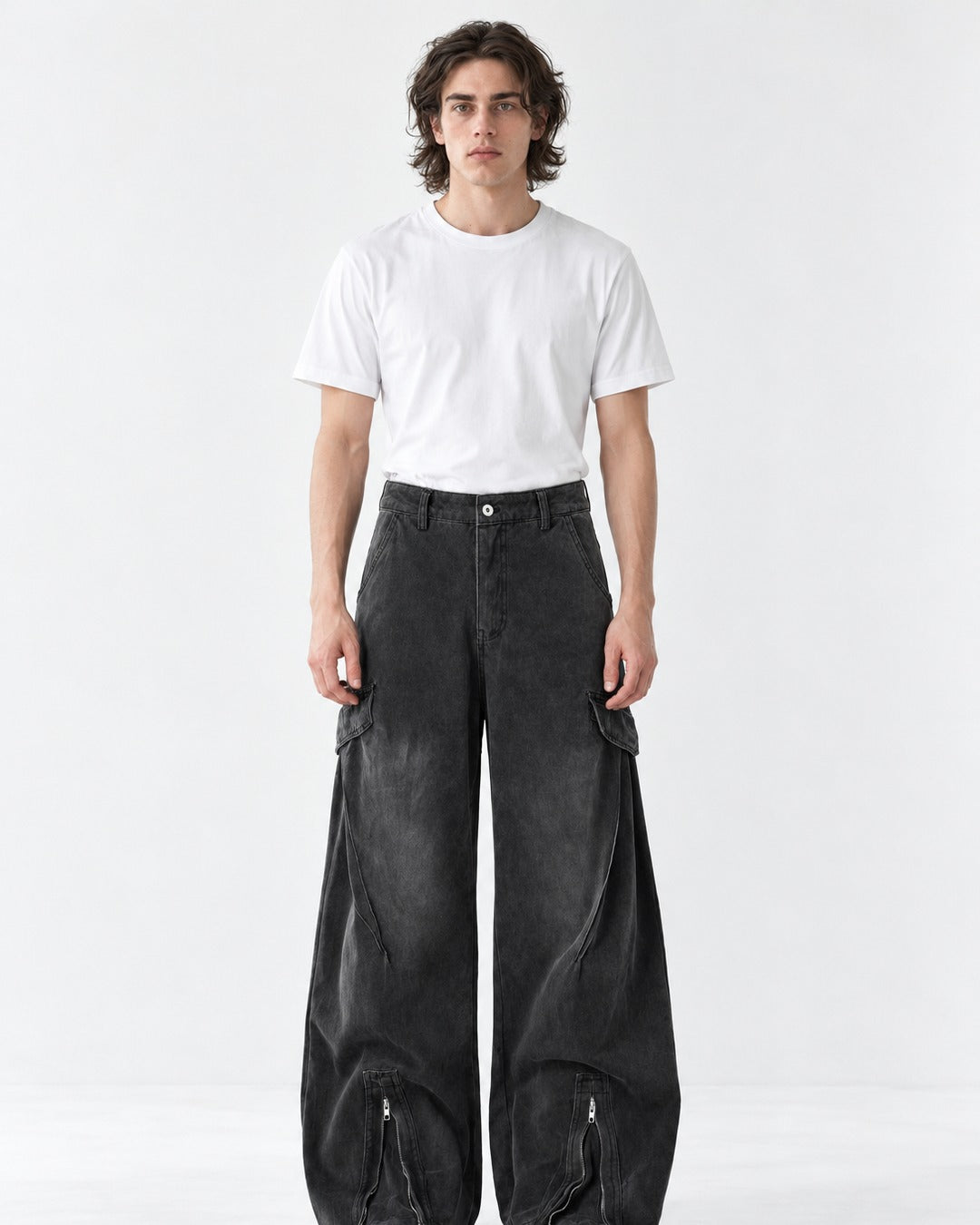 Zip-Cuff Wide-Leg Cargo Jeans
