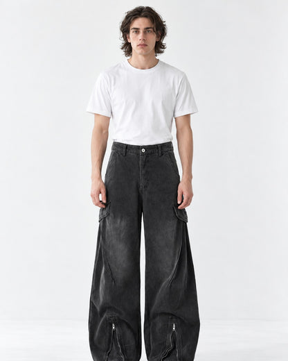 Zip-Cuff Wide-Leg Cargo Jeans