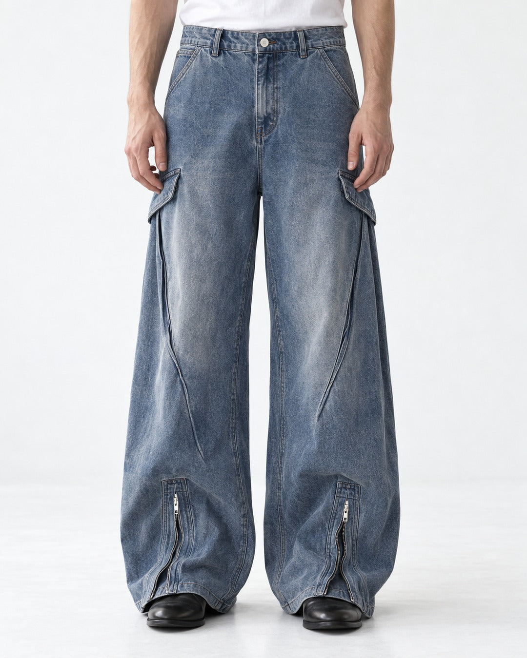 Zip-Cuff Wide-Leg Cargo Jeans