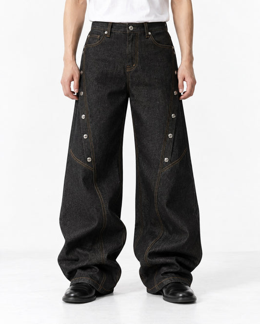 Snap-Trim Curved-Panel Wide-Leg Jeans