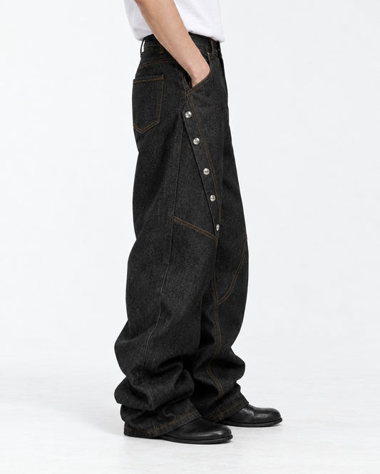 Snap-Trim Curved-Panel Wide-Leg Jeans
