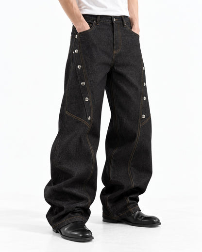 Snap-Trim Curved-Panel Wide-Leg Jeans