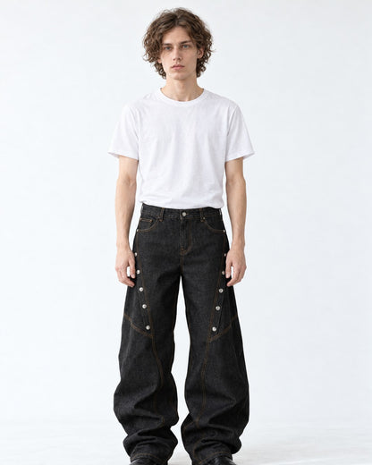 Snap-Trim Curved-Panel Wide-Leg Jeans