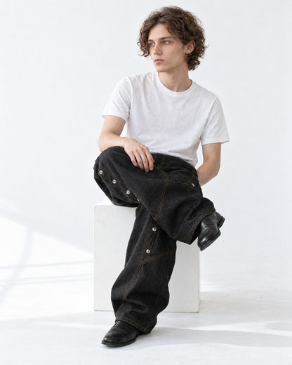 Snap-Trim Curved-Panel Wide-Leg Jeans