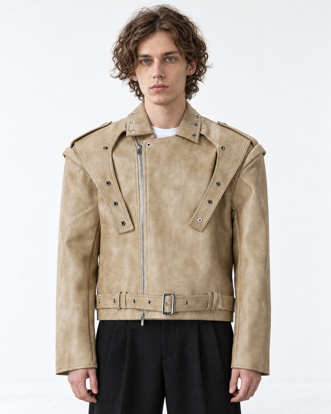 Strap-Detail Snap-Collar Moto Jacket
