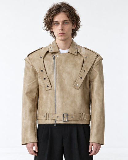 Strap-Detail Snap-Collar Moto Jacket