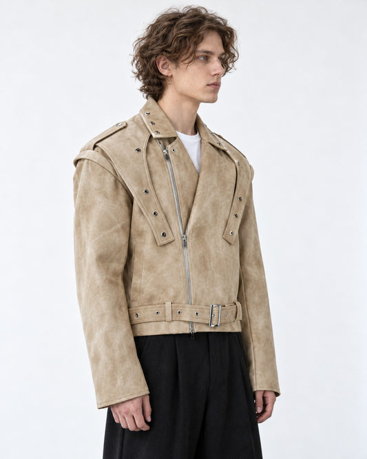 Strap-Detail Snap-Collar Moto Jacket