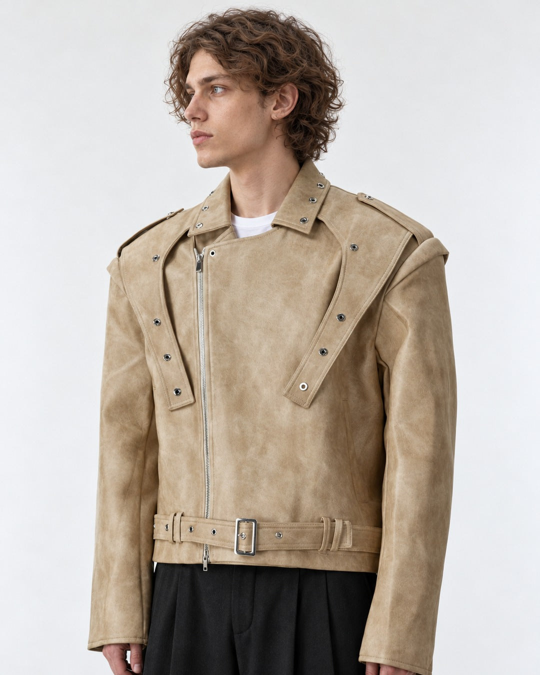 Strap-Detail Snap-Collar Moto Jacket