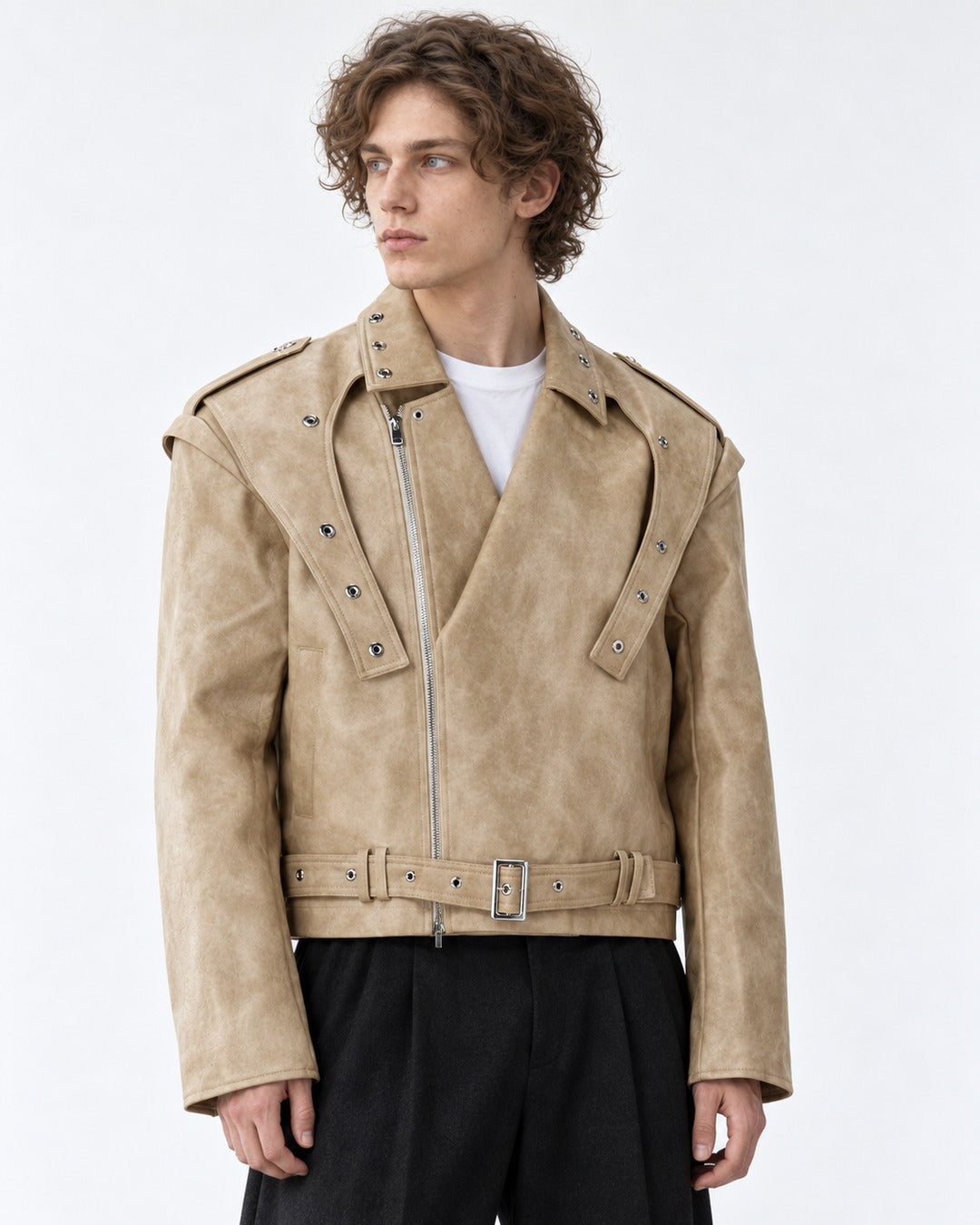 Strap-Detail Snap-Collar Moto Jacket
