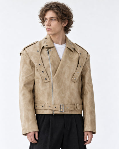 Strap-Detail Snap-Collar Moto Jacket