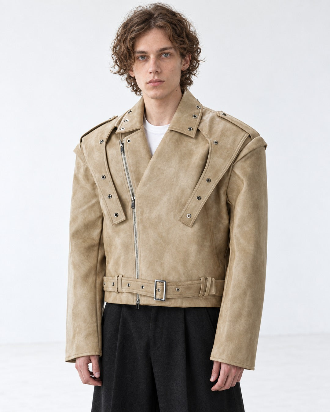 Strap-Detail Snap-Collar Moto Jacket