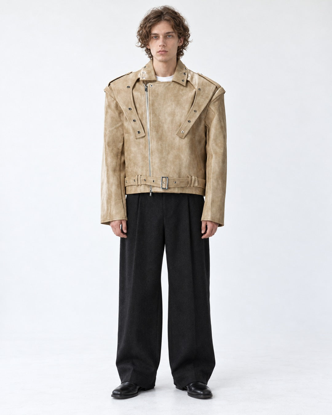 Strap-Detail Snap-Collar Moto Jacket