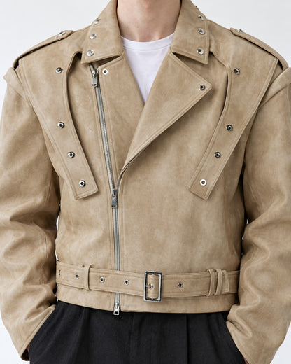 Strap-Detail Snap-Collar Moto Jacket