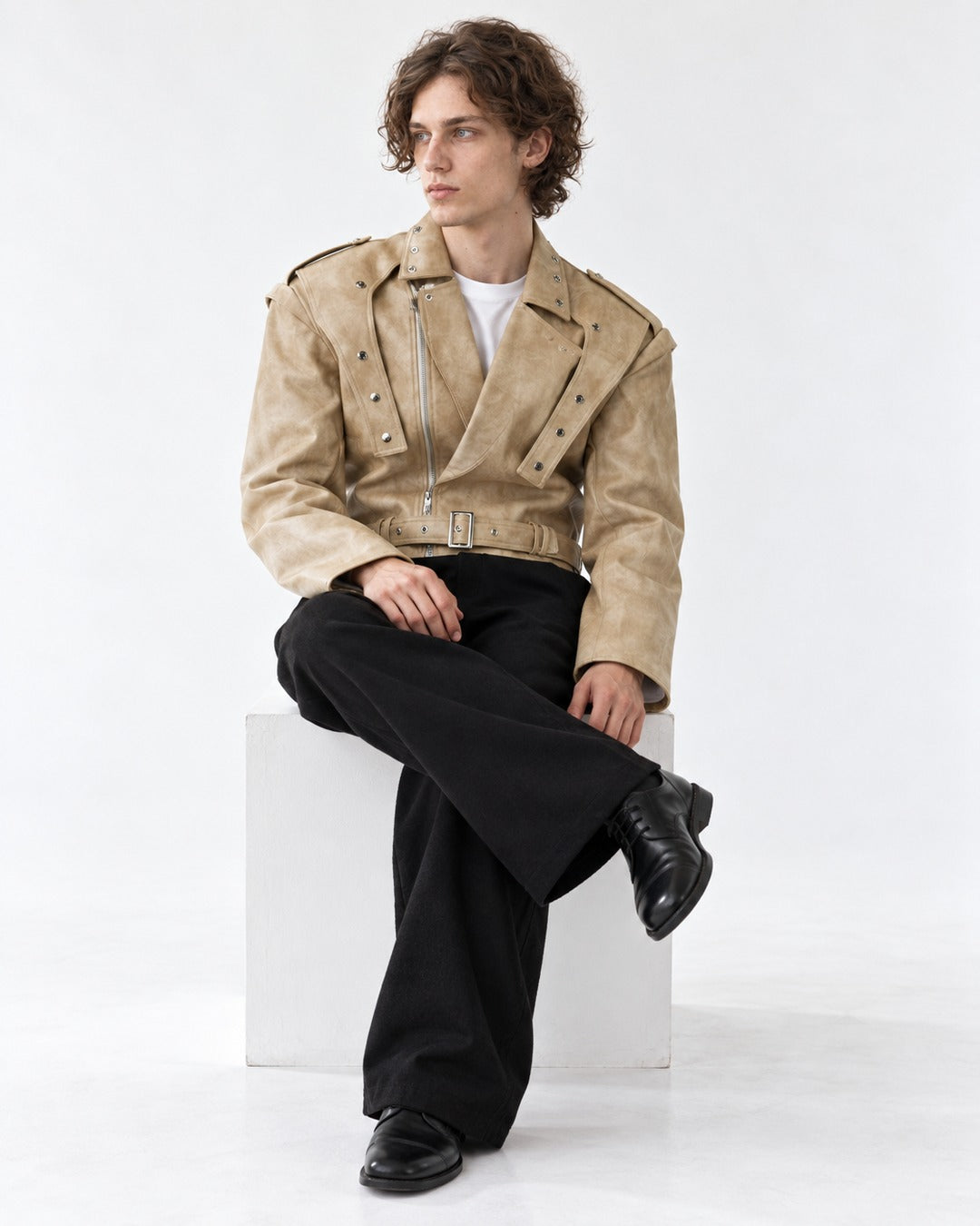 Strap-Detail Snap-Collar Moto Jacket