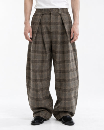 Plaid Pleated Wide-Leg Trousers