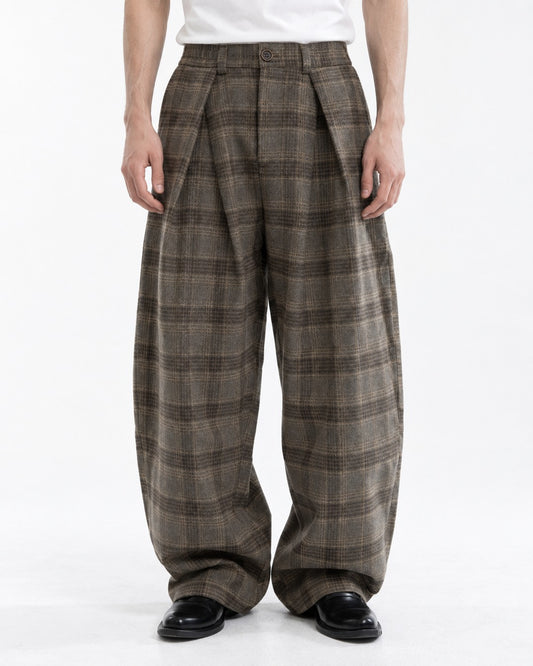 Plaid Pleated Wide-Leg Trousers