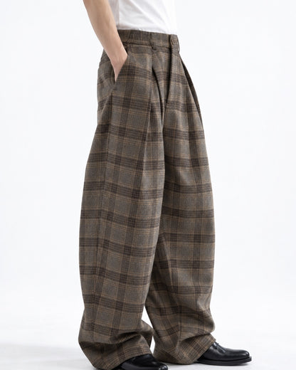 Plaid Pleated Wide-Leg Trousers