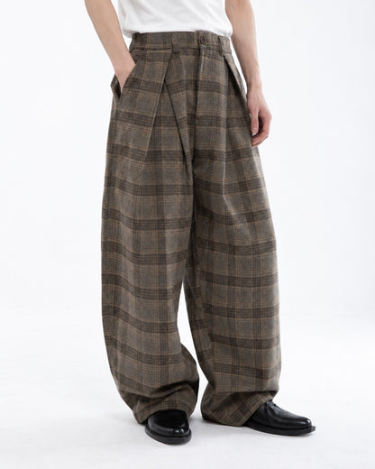 Plaid Pleated Wide-Leg Trousers
