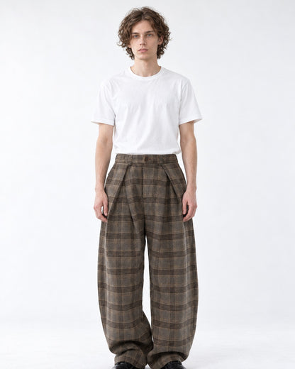 Plaid Pleated Wide-Leg Trousers