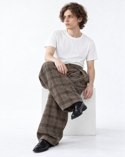Plaid Pleated Wide-Leg Trousers