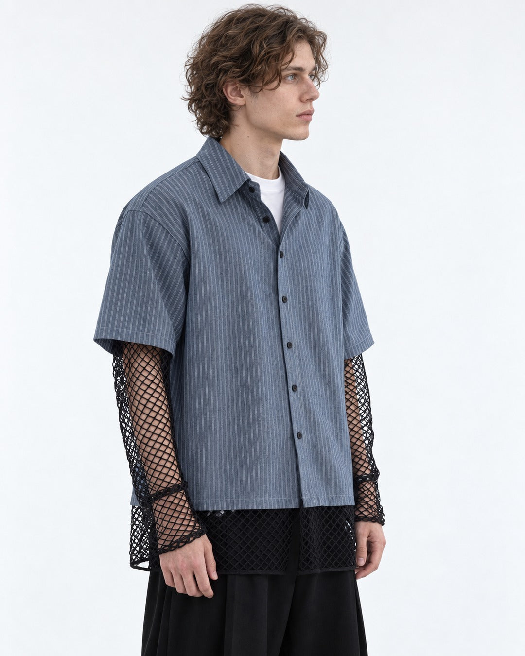 Striped Shirt with Mesh Sleeve Panels