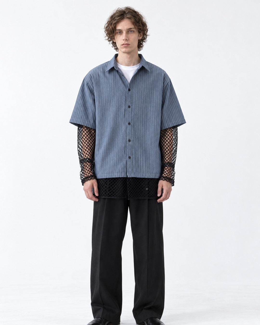 Striped Shirt with Mesh Sleeve Panels