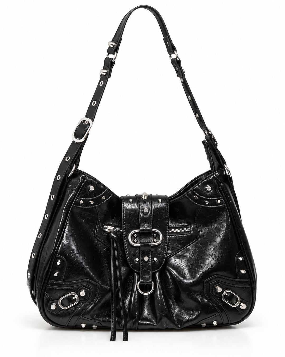Studded Buckle-Flap Hobo Bag