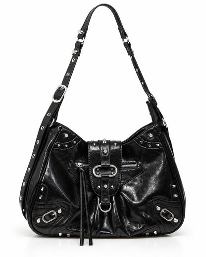 Studded Buckle-Flap Hobo Bag