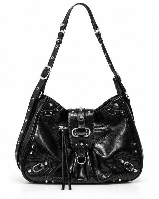Studded Buckle-Flap Hobo Bag